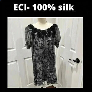 ECI 100% silk Fully lined mini dress with chest flower detailing